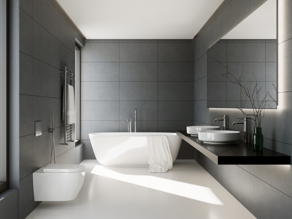 Salle de bain avec murs gris anthracite