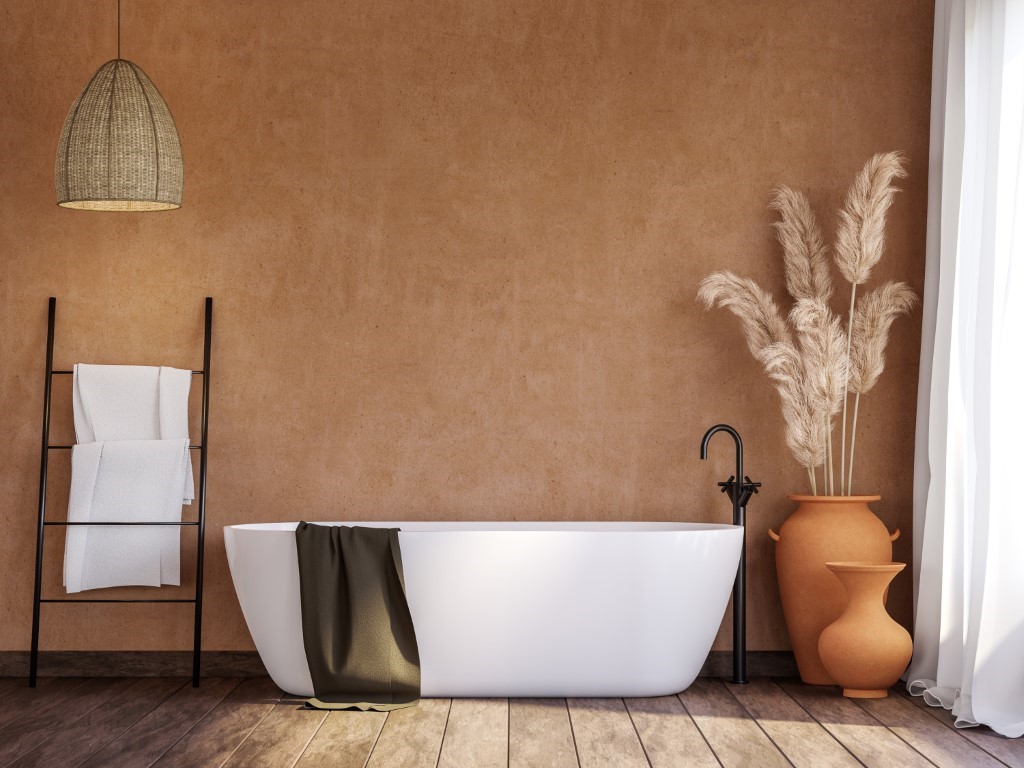 Salle de bain avec couleurs terracotta et blanc