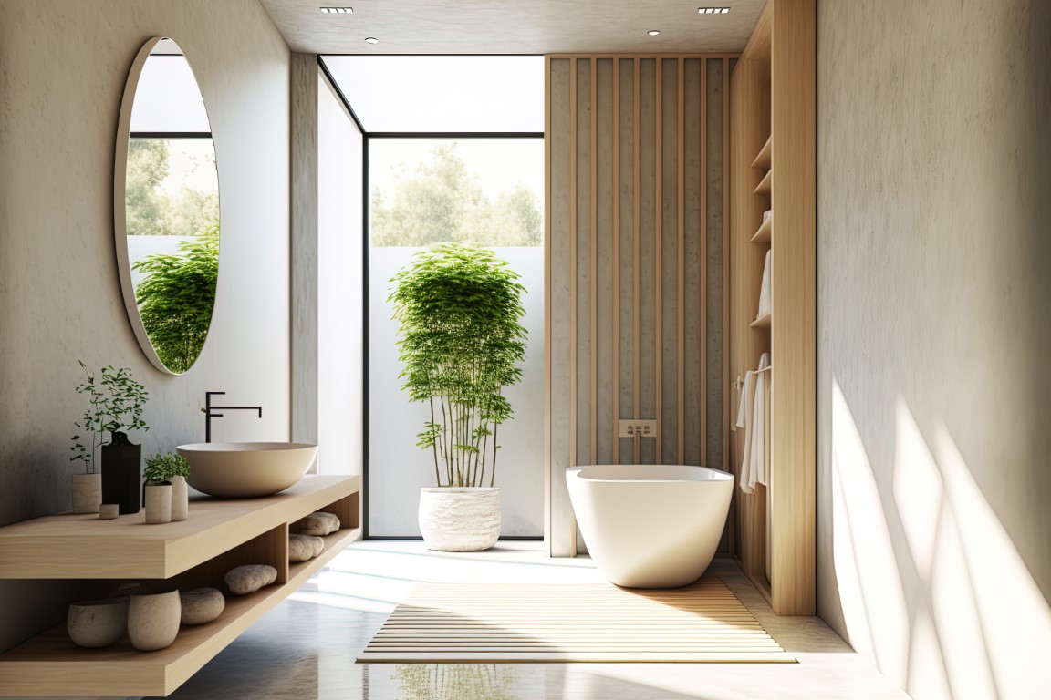 Salle de bain zen en beige et bois