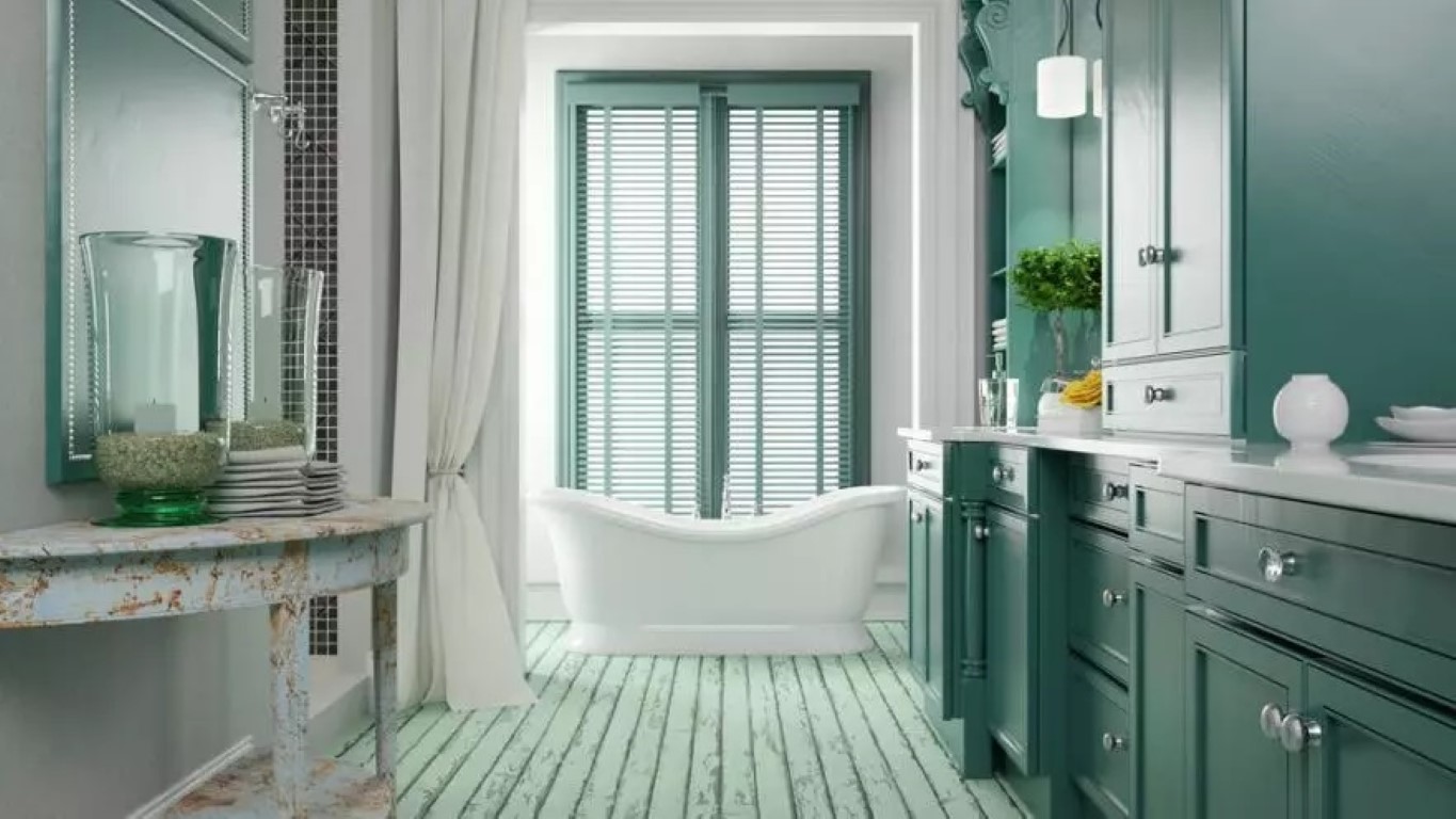 Salle de bain en vert d'eau et blanc