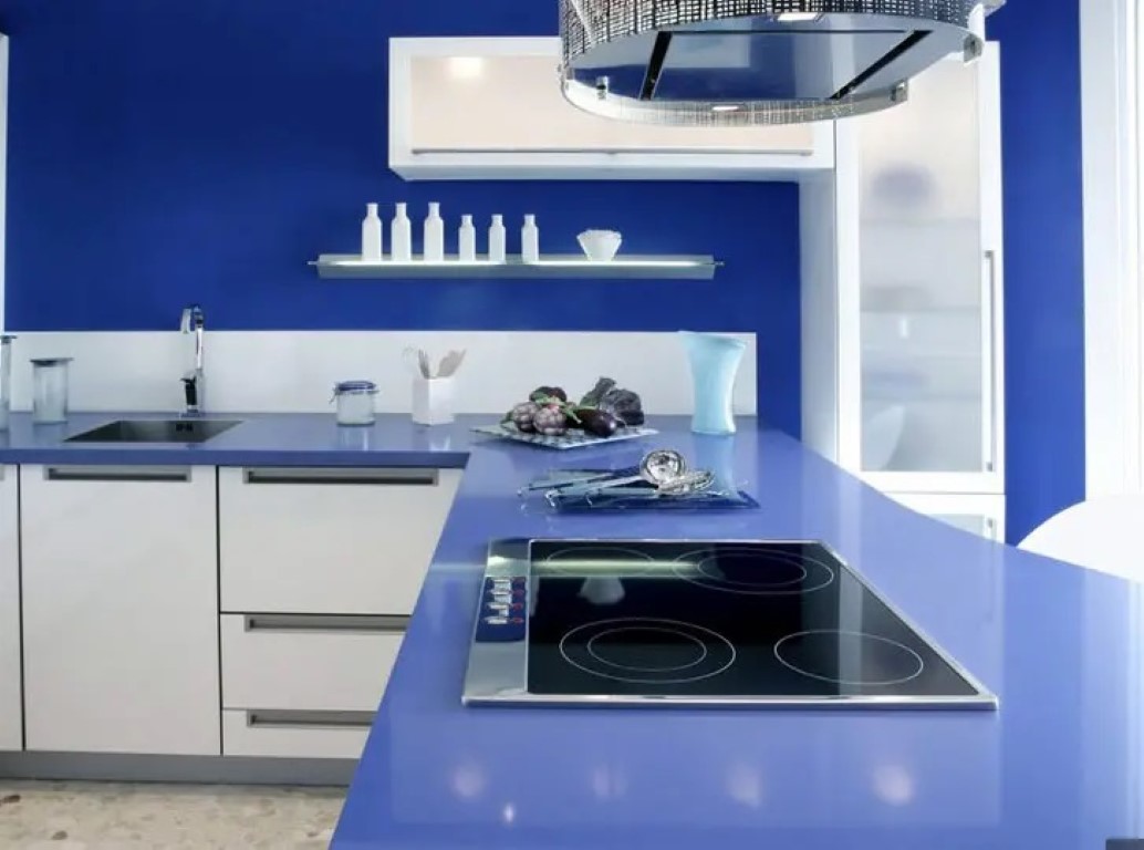 Plan de travail et murs de cuisine en bleu roi